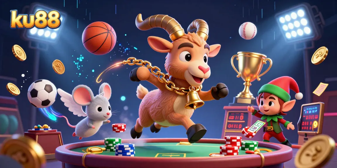 ku88 casino scene featuring a Krampus goat, angel mouse, and elf gremlins amidst flying sports elements and glowing casino details.