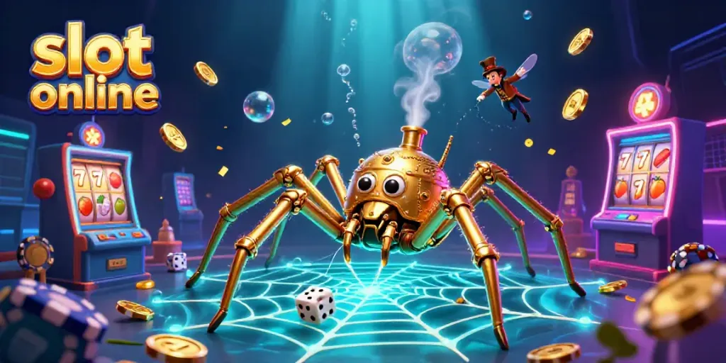Engage with the exciting world of slot online through this vibrant 3D scene filled with captivating casino elements.
