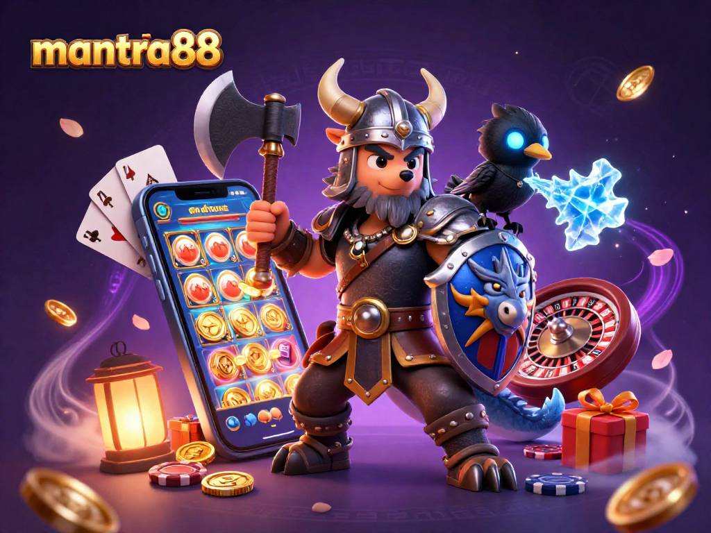 Engage with mantra88's thrilling slot games through this dynamic 3D casino illustration.