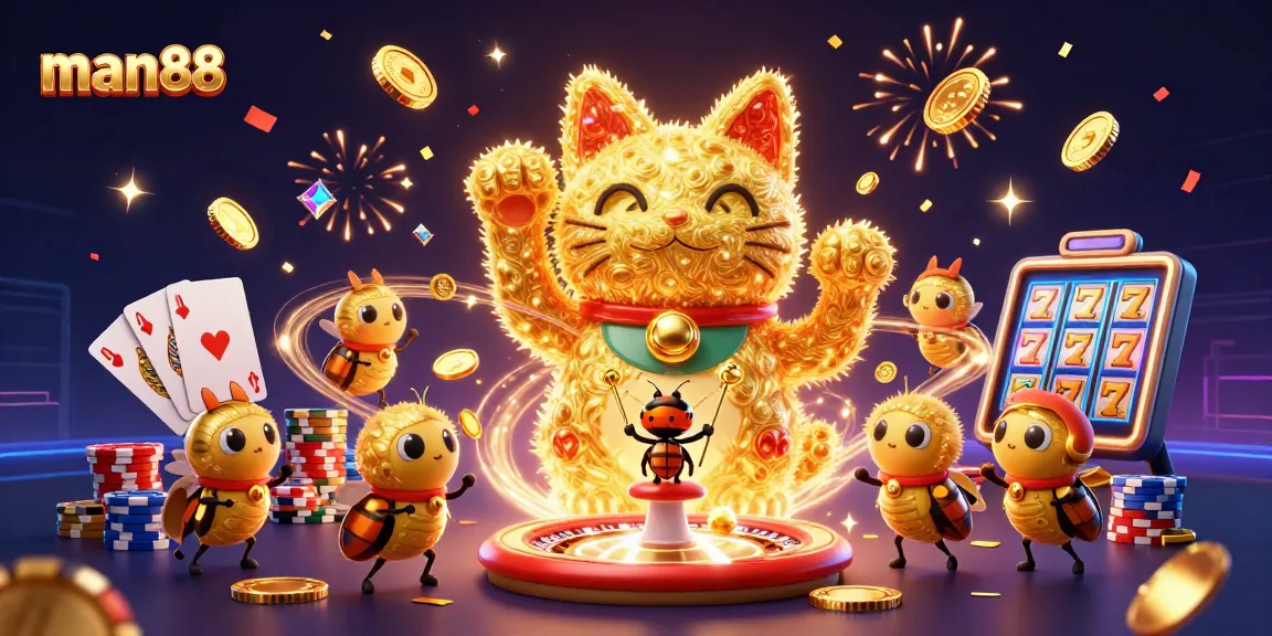 man88 showcases an engaging scene with friendly golden fireflies forming a lucky cat among casino symbols