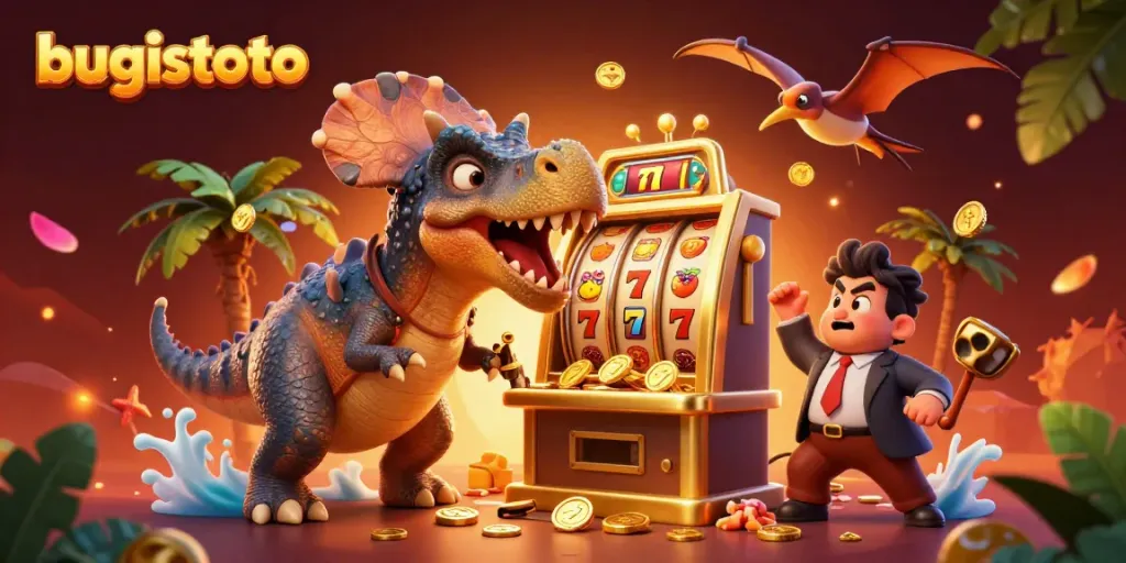Bugistoto illustration with a dinosaur and a slot machine in a dynamic casino setting.