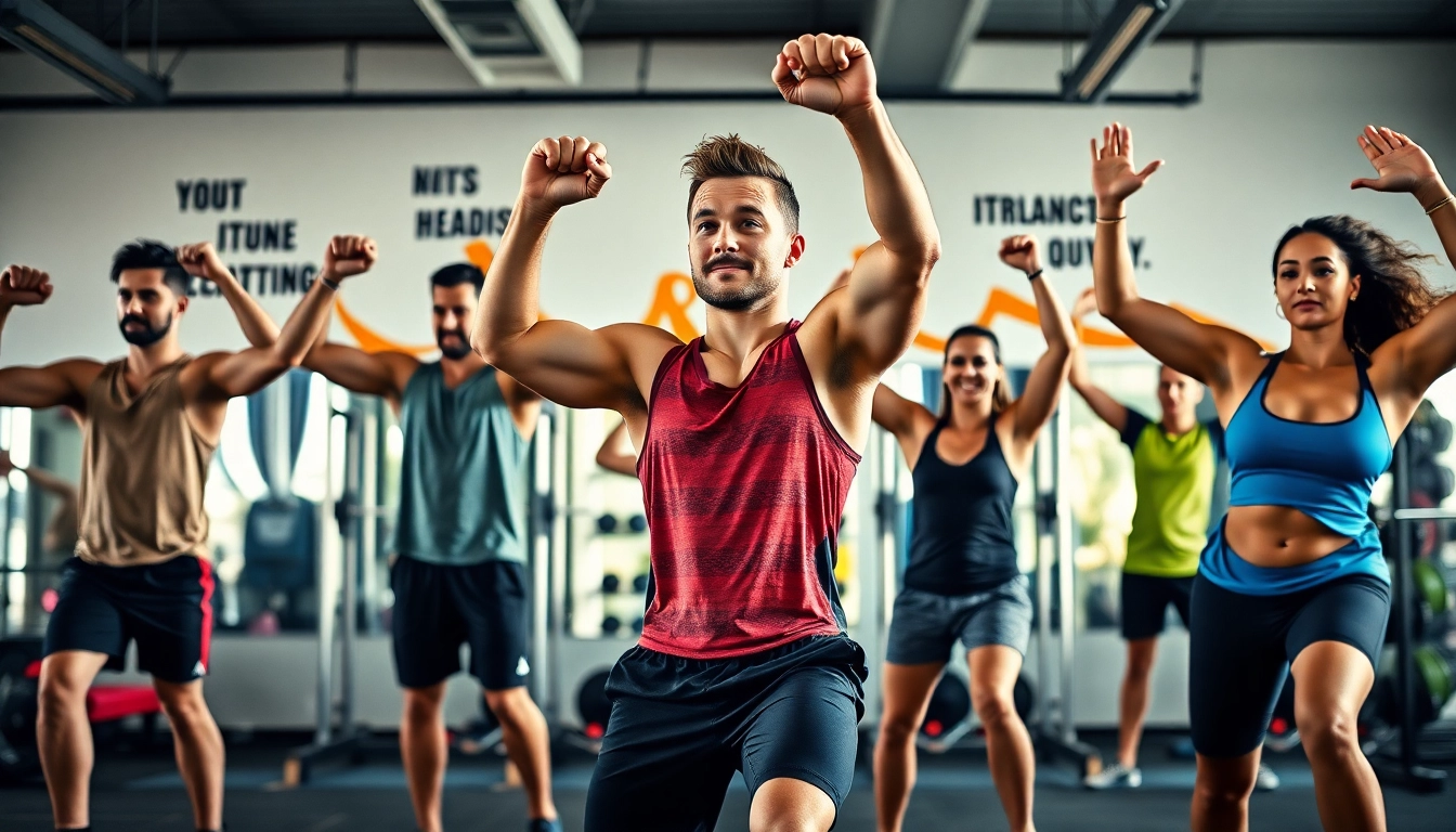 Enhancing Fitness and Nutrition through diverse athletes demonstrating exercises in a vibrant gym.