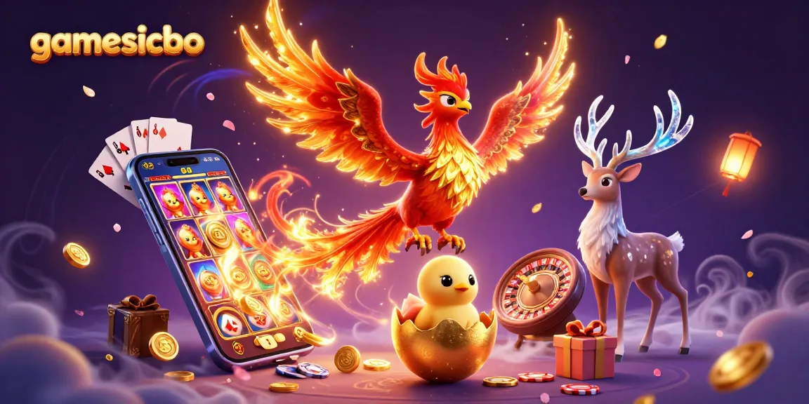 Play exciting gamesicbo with vibrant phoenixes and dynamic casino elements in a captivating scene.