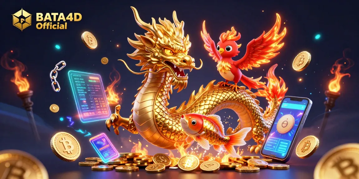 BATA4D Official showcases a dynamic gaming scene with a powerful dragon, phoenix, and koi fish amidst crypto elements.
