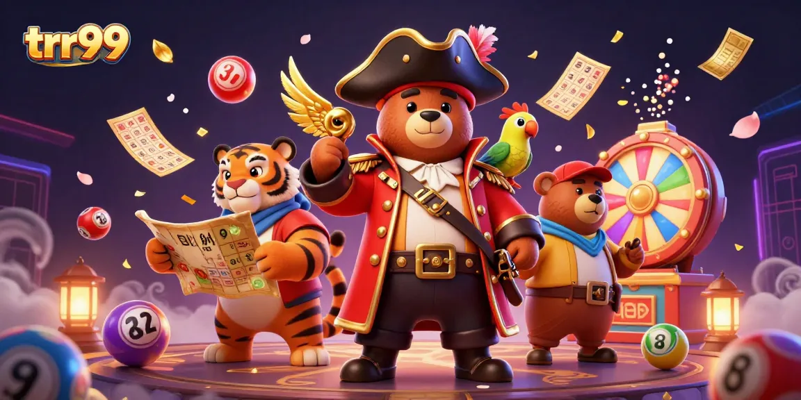 Engage with trr99: dynamic lottery scene featuring a pirate bear, tiger, and colorful gambling elements.