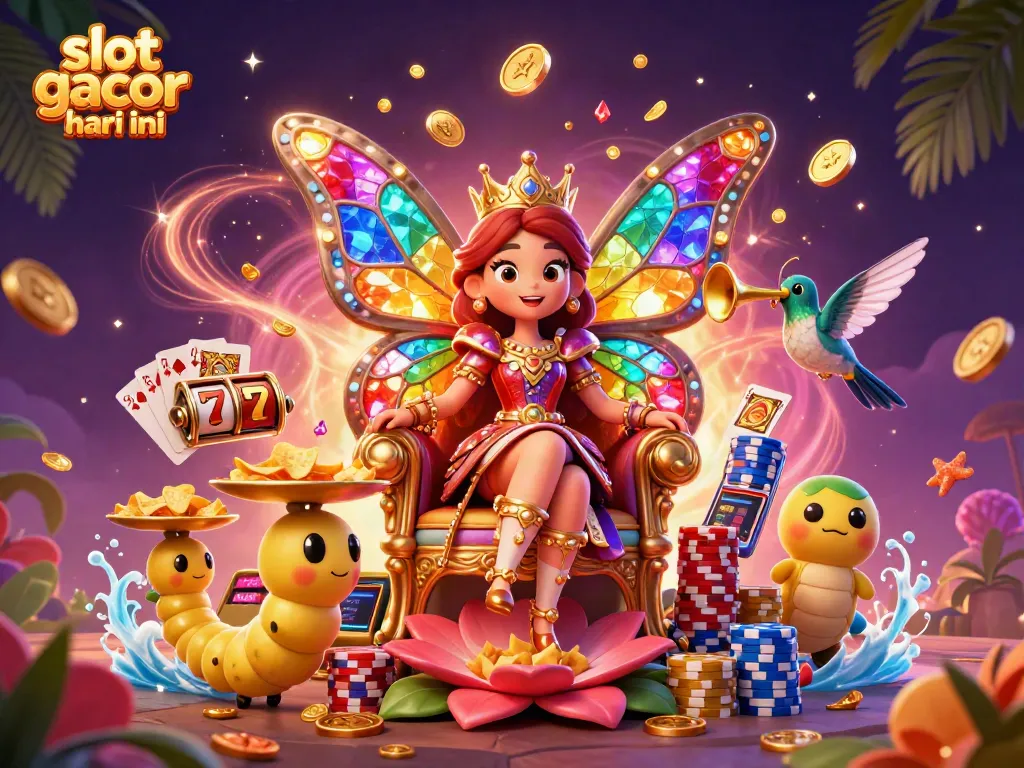 Win big with slot gacor hari ini, featuring vibrant butterfly queen in a magical casino scene.