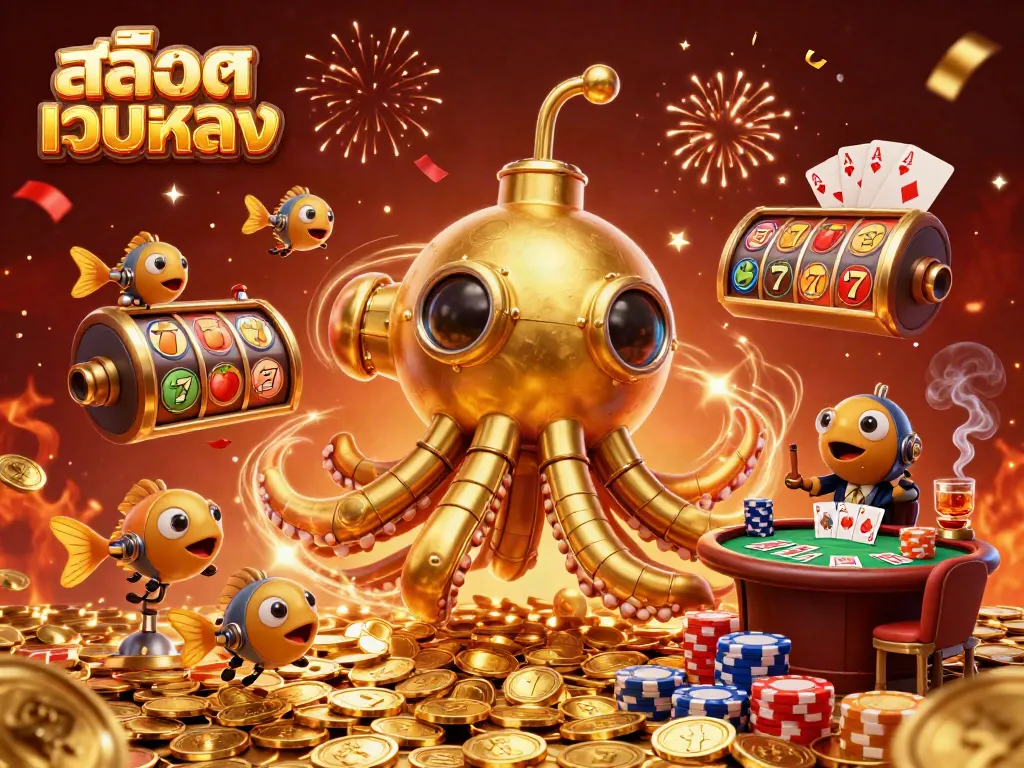 Experience thrilling gameplay at สล็อตเว็บตรง with golden kraken submarine surfacing through coins