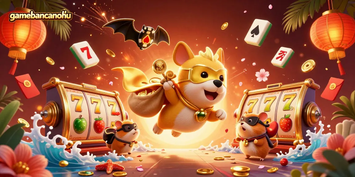 Win big at gamebancanohu with the superhero dog carrying coins in this vibrant casino scene.