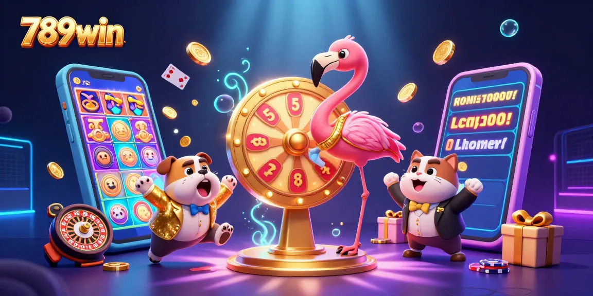 Win exciting prizes at 789win with a thrilling game show scene full of casino elements and vibrant characters.