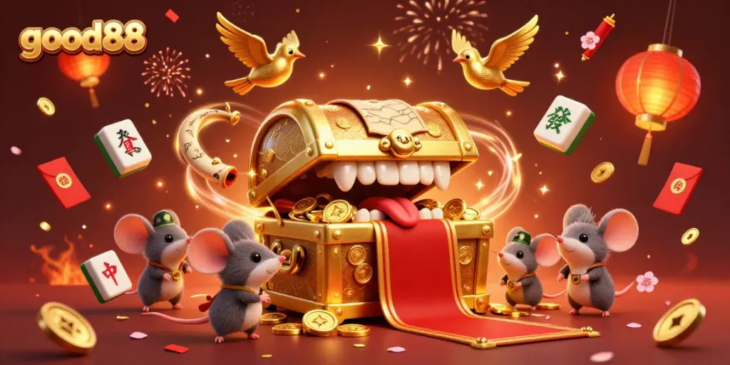 Engage in exhilarating games at good88 with a captivating golden treasure chest luring player mice.