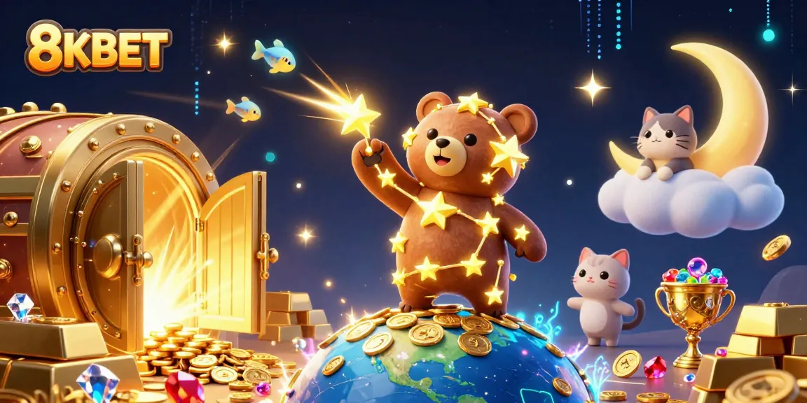 8KBET's vibrant casino scene showcases a constellation bear, treasure vault, and shooting star fish.
