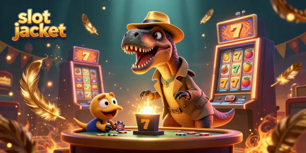 Menangkan slot jackpot di mesin slot dengan velociraptor dan pit boss dalam suasana kasino yang ramai.