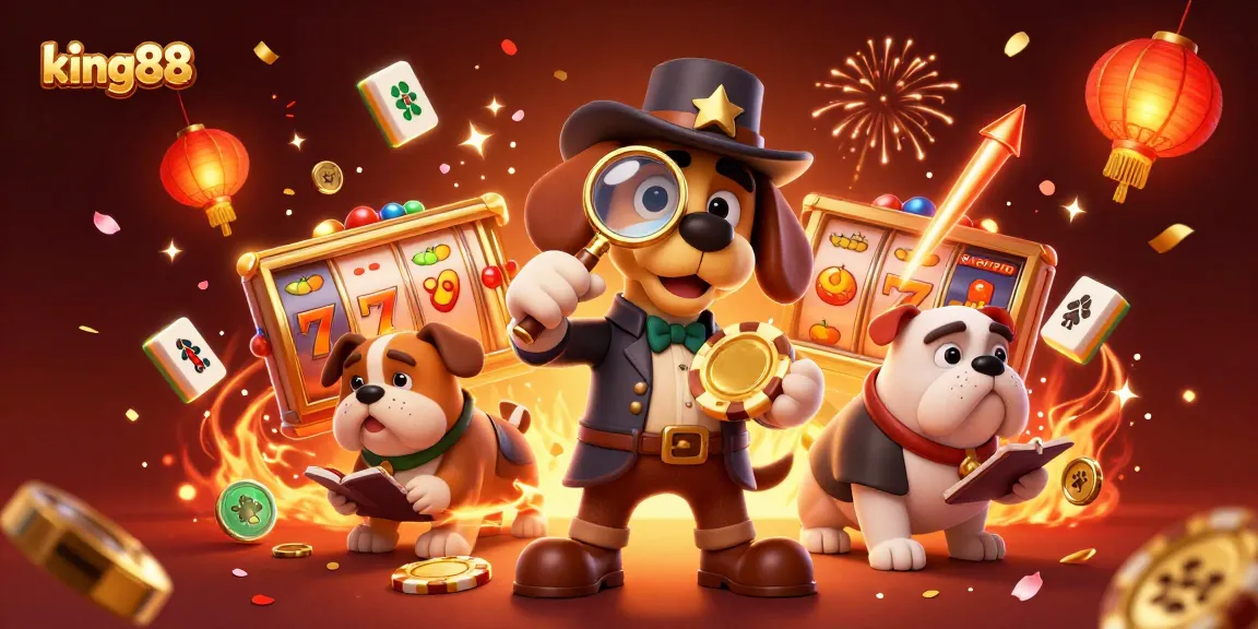 Experience the thrill of king88 with stunning gaming clues and festive elements surrounding a detective scene.
